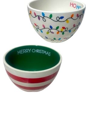 Christmas bowls white stripped and lights